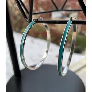 Silver Tone Hoop Earrings With Aqua Enamel Accent